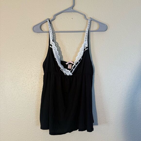 Victoria's Secret 2014 Black Blouse with White Lace Detail babydoll tank top L - Picture 1 of 7
